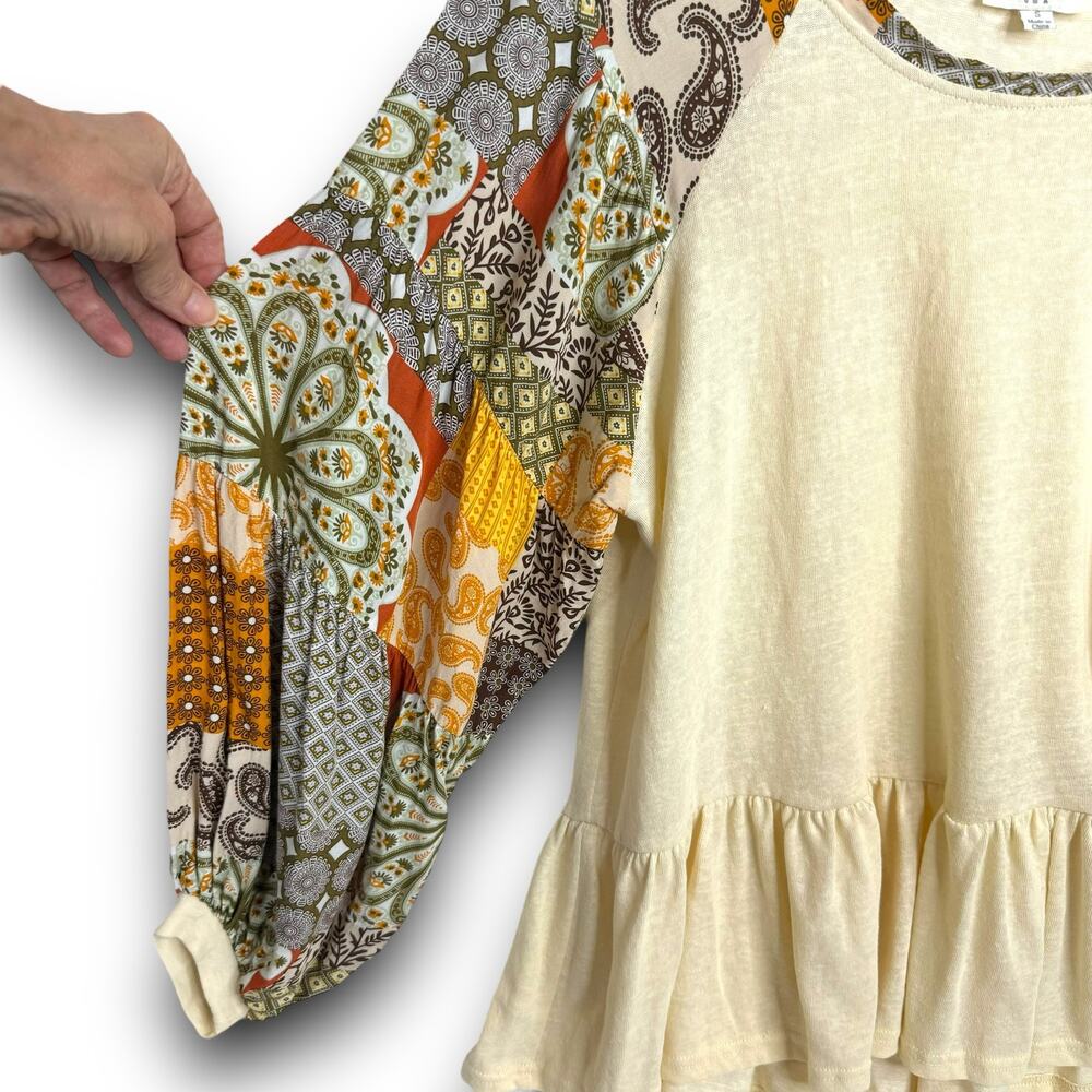 Umgee Mixed Print Balloon Sleeve Babydoll Blouse Top Boho Lightweight Size Small - Picture 3 of 9